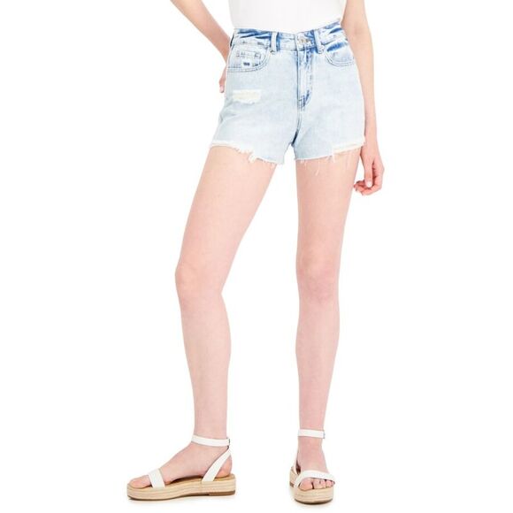 INC DENIM Pants - INC DENIM Womens Blue Denim Zippered Pocketed Destructed High Waist Shorts 0/25